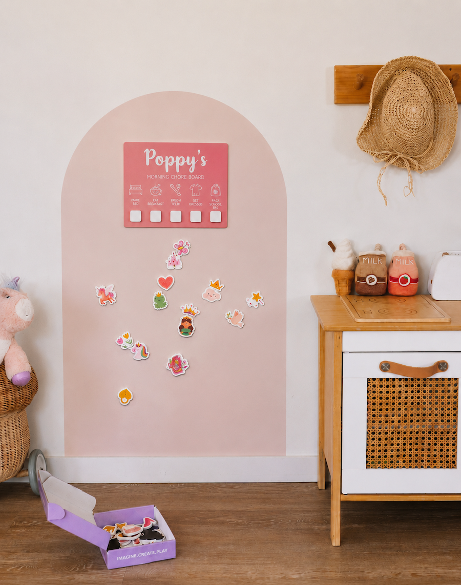 SmartyPals magnetic playwall with a visual routine chart helping a child follow their daily routine
